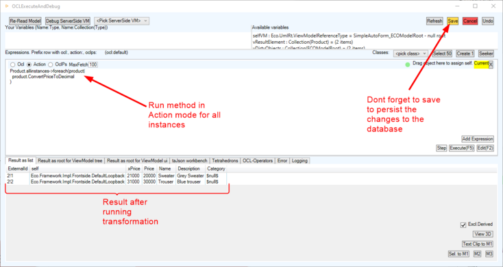 Using OCL debugger to run method transformations